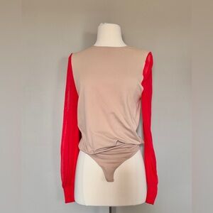 Wolford neutral cream bodysuit red sheer sleeves size small perfect condition